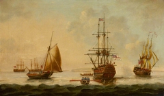 English Warships at Anchor with Boats approaching and a Salute being fired by Anonymous