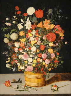 Flower bouquet in a wooden tub by Jan Brueghel the Elder