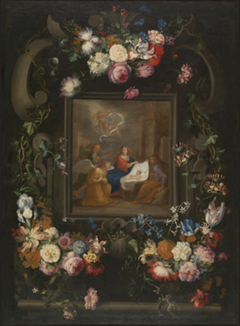 Garland of flowers around a scene of the birth of Christ by Jan Pieter Brueghel