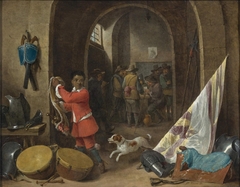 Interior of a guardroom with a black servant near a still life of a saddle, a banner, drums and cuirasses; soldiers playing cards in the background by David Teniers the Younger