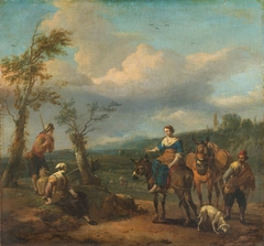 Italian landscape with figures by Johannes Lingelbach