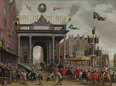 Joyous Entry of François, Duke of Anjou into Antwerp, 19 February 1582, with a Triumphal Arch on St. Jan's Bridge by Monogrammist MHVH