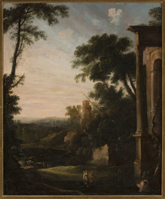 Landscape with architecture and staffage by Pierre-Antoine Patel