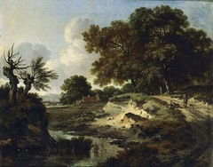 Landscape with two men in conversation on a track by Jan Wijnants