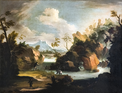 Landscape with waterfall by Jacob de Heusch