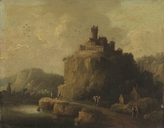 Landschaft mit einem Schloss auf einem Felskegel by Christian Wilhelm Ernst Dietrich