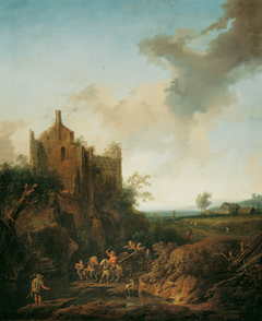 Landschaft mit Schlossruine und Pferdewagen by Christian Hilfgott Brand