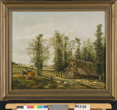 Landschap met een herder en zijn kudde bij een schaapskooi by Pieter Gerardus van Os