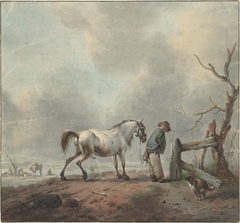 Landschap met een waterende man, paard en hond by Jan Augustini