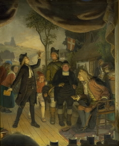 Ludvig Holberg Attending a Rehearsal of his Play Erasmus Montanus, Act IV, Scene 2 by Lorenz Frølich