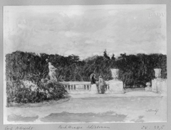 Parkterrasse mit Blumenbeet und zwei Personen by Carl Albrecht