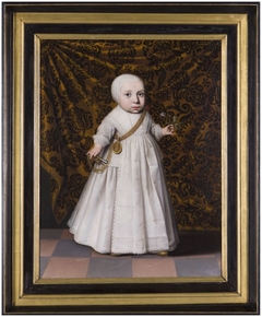 Portrait of a child, holding a flower in her hand by Wybrand de Geest