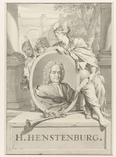 Portret van Herman Henstenburg in ovaal vastgehouden door vrouwenfiguur en putto by Nicolaas Verkolje