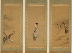 Reishō: Paragon of Filiel Piety; Chinese Blue Magpie with Flowering Plum; Sparrows, Willow, and Rose by Kano Yukinobu