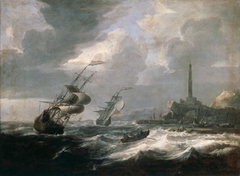 Seascape with lighthouse of Genoa by Jan Theunisz Blanckerhoff