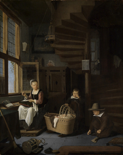 Sewing mother with two boys next to a cradle by Adriaen van Gaesbeeck