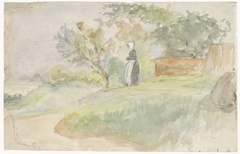 Staande vrouw in een landschap by Jozef Israëls