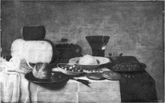 Still life of a laid table with cheese by Floris van Schooten