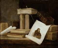 Still Life of Books and a Rembrandt Engraving by Sebastian Stoskopff