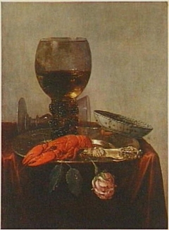 Still life with crayfish on a pewter plate, roemer, wine glass, kraak porcelain and rose by Abraham Susenier