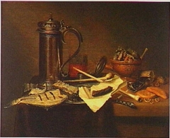 Still life with silver beer mug and smoking paraphernalia by Maerten Boelema de Stomme