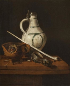 Still life with white crock, brazier and smoking paraphernalia by Pieter Janssens Elinga