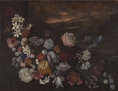 Stilleven met bloemen voor een landschap by Anonymous