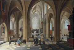 The interior of a gothic cathedral, with elegant figures conversing and a priest taking mass by Pieter Neefs the Elder