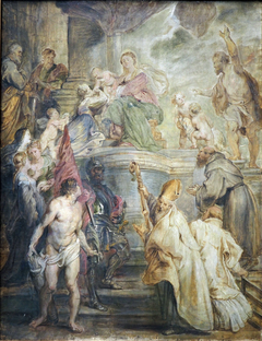 The Mystic Marriage of St Catherine (Colour Sketch for the Altar of the Church of the Augustinian Fathers in Antwerp), verso: Two Cavalry Battles by Peter Paul Rubens