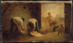 Three Men Shearing Sheep in a Barn by Jean-François Millet