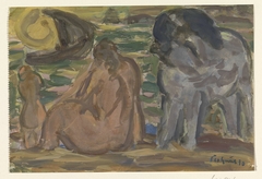 Twee naakte figuren en een paard aan de zee by Leo Gestel