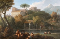 Two Men conversing by a Lake beneath a Castle by Gaspard Dughet