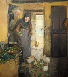 Two old people and their rabbits by Anna Ancher