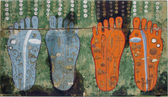 Two pairs of foot prints- one pair red, one blue by Anonymous