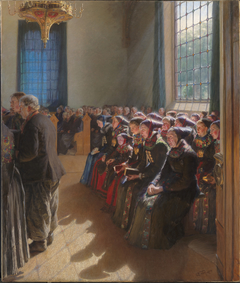 Under gudstjenesten i en kirke på Amager by Carl Wentorf