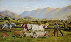 View of Troutbeck with Shorthorn Dairy Cows, and Cheviot and Swaledale Sheep, Figures and Dogs by William Taylor Longmire