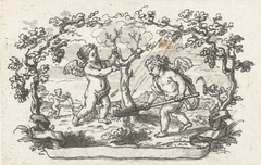 Vignet met twee putti die een boom planten by Bernard Picart