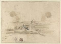 Vlak landschap met huizen en twee molens langs een weg by Hendrick Avercamp