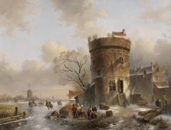 Winterlandschap met figuren op een bevroren rivier bij een toren by Charles Leickert