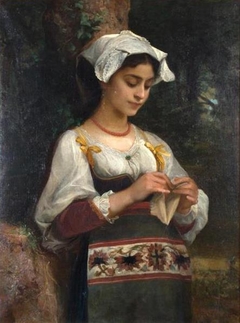 Young girl knitting in a wooded landscape by Diogene Ulyssee Napoleon Maillart