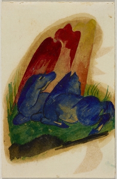 Zwei blaue Pferde vor rotem Felsen by Franz Marc