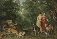 Zwei Nymphen mit Jagdhunden mit Hendrik van Balen by Jan Brueghel the Elder