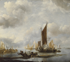 A calm sea with ships near the shore by Jan van de Cappelle