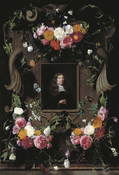 A cartouche surrounded by garlands of roses, thistle, holly and other flowers and butterflies with a later portrait of a gentleman by Daniel Seghers