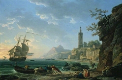 A coastal Mediterranean landscape with a Dutch merchantman in a bay by Joseph Vernet