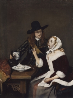 A Gentleman pressing a Lady to drink by Gerard ter Borch