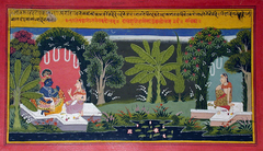 A gopi waits in a bower. Krishna talks with another gopi in another bower by Anonymous