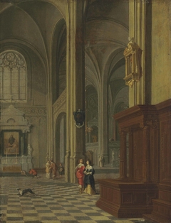 A gothic church interior with elegant figures by Gerard Houckgeest