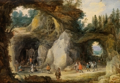 A Mountainous Landscape with Pilgrims at a Chapel in a Grotto by Joos de Momper the Younger