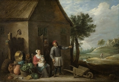 A peasant with his wife and child in front of the farmhouse by David Teniers II